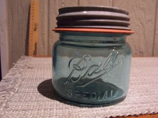 Antique Ball Special Mason Wide Mouth Pint 5 Aqua Glass Fruit Canning Jar,  Zinc