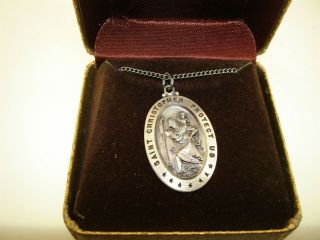 Lovely Vintage Old Stock Sterling Silver St.  Christoper Medal Necklace