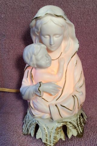 Vintage Porcelain Mother Mary Baby Jesus Night Light Lite Leviton Holy Mom
