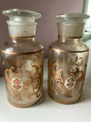 2 Vintage Hand Painted Apothecary Jars With Ground Glass Stoppers