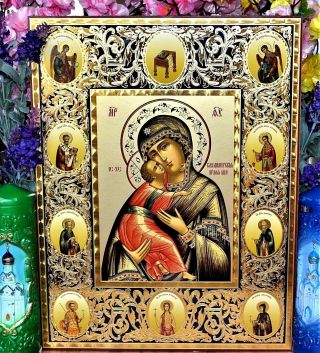 Mother Of God Vladimirskaya Russian Orthodox Icon Silver Gold Embossed Big Size