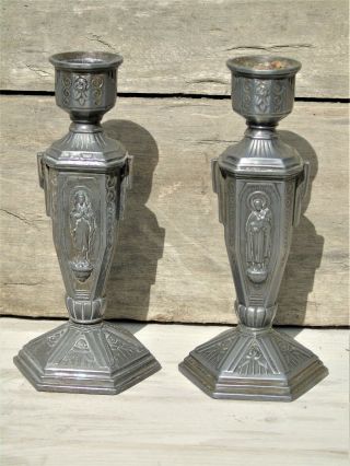 Collectible Vintage French Art Deco Religious Candle Holders Virgin Mary X2 2