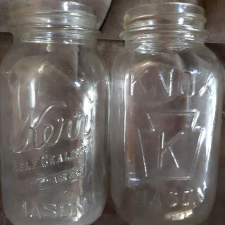 Vintage K Keystone Knox Embossed Quart Square Clear Glass Mason Jar & One Kerr