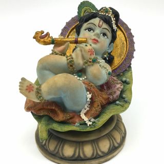 Handcrafted Sweet India God Baby Krishna On Leaf Statue Indian God Idol Deity