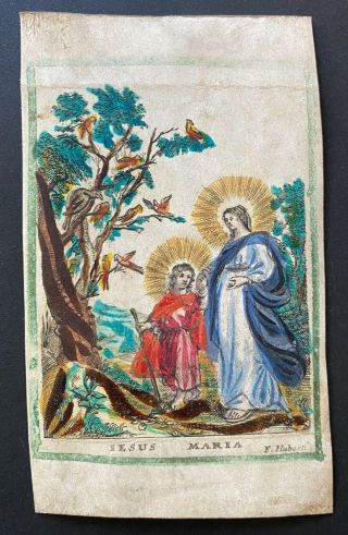 Engraving Antique 18th Century Holy Card Jesus Mary Art Signed F.  Hubert