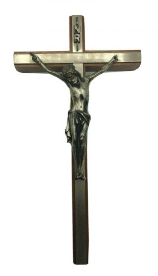 Cross Crucifix With Jesus King Of Jews Pewter Metal On Wood Inri 12 " Easter