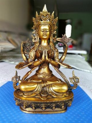 Vintage Bronze Temple God Buddha Pray Safeness Four - Armed Guanyin Statue