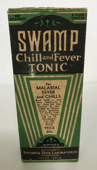 Vintage Swamp Chill And Fever Tonic Bottle And Box - 4 Oz.  - W/ Instruction Book