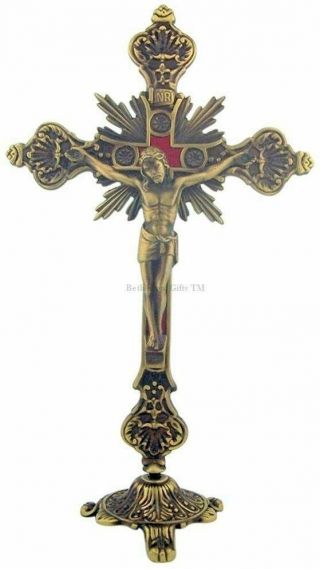 10 " Bronze With Red Stones Standing Altar Mantle Crucifix From The Holy Land