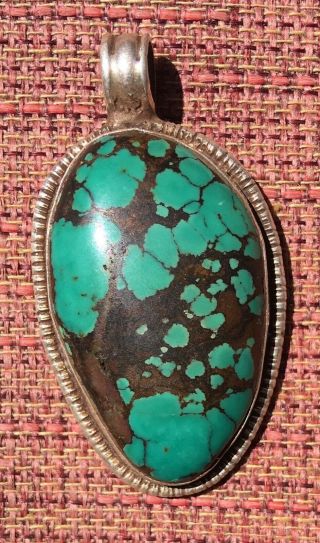 Large Oval Turquoise Pendant W/ Silver Auspicious Symbol Dharma In Tibet,  Nepal