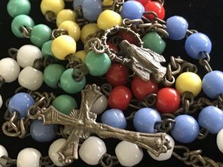 Vintage Art Deco 1920 - 30s Hand Knot Crucifix Glass Rainbow Bead Rosary Italy