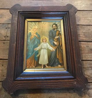 Wonderful Vintage Holy Family Print In Old Ornate Oak Frame