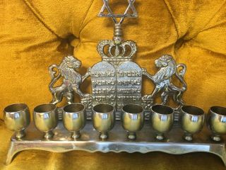Judaica Stainless Steel/brass Chanukah Oil Menorah Carved Lions/star Of David