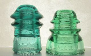Two Glass Insulators,  Aqua Hemingray Cd 125 & Green Mclaughlin Cd 154