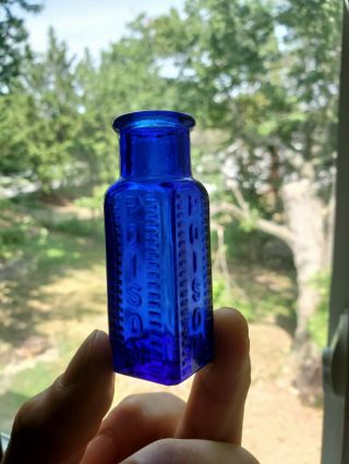 Small Cobalt Blue Poison Bottle Ribbed Square Antique 2 5/8 " Tall