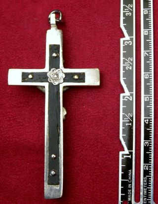 French Nun ' s Antique Bronze & Ebony Skull & Bones Habit Rosary Crucifix Cross 3