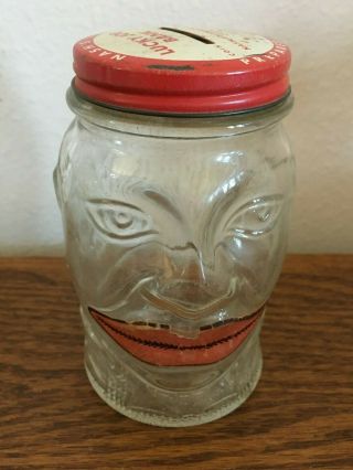 Vintage " Lucky Joe Bank " Glass Jar Coin Bank Nash 