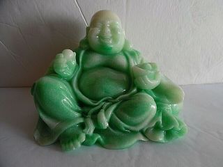 Smiling/happy Buddha Figurine Light Jade Green Resin