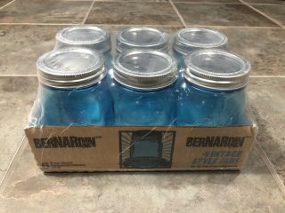 6 Ball Vintage Style Blue Glass Mason Jars Canning Bernardin