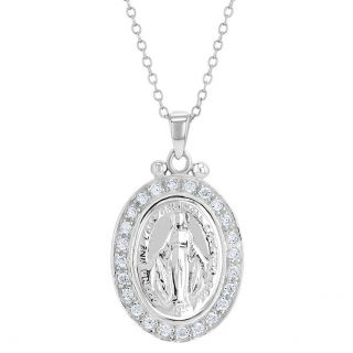 925 Sterling Silver Clear Cz Miraculous Virgin Mary Medal Pendant Necklace 19 "