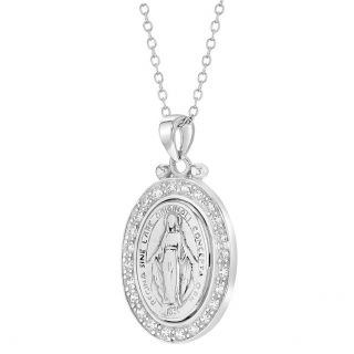 925 Sterling Silver Clear CZ Miraculous Virgin Mary Medal Pendant Necklace 19 