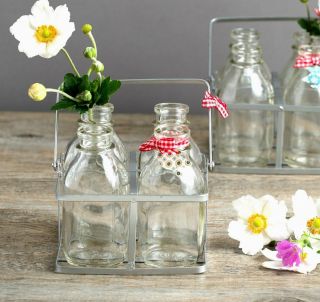 X2 Set 4 School Milk Bottles In Silver Crate Flower Vase Drinking Glass