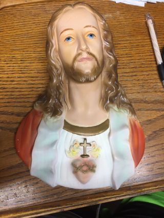 Vintage Religious Sacred Heart Chalkware Jesus Wall Plaque 10”tall