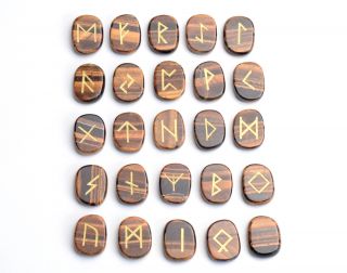 Natural Tiger Eye Palm Stones Engraved Pagan Lettering Wiccan Rune Stones Set