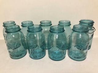 9 Antique Quart Size Ball Mason Canning Jars - Blue