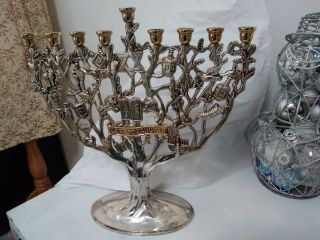 “happy Chanukah”hanukka Menorah Tree Of Life Candle Holder Godinger Silver Plate