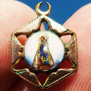 Small Blessed Virgin Mary Religious Enamel Medal Vintate Lovely Spanish Charm