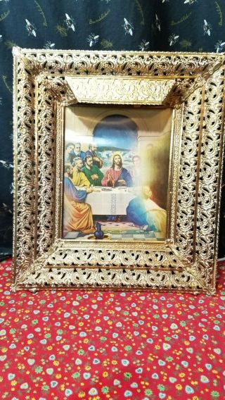 Vintage 3d Hologram Picture Of Jesus/last Supper Metal Frame Light - Up Religious