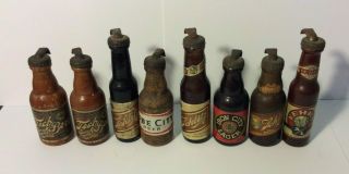 7 Minature Wood Beer Bottle Shape Bottle Opener Teck Iron City Schlilz Tube Cit