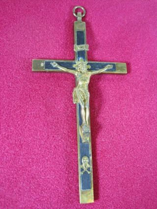 Vintage Brass & Ebony Crucifix Pendant 6 " Skull & Crossbones,  Inri,  Germany