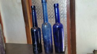 3 X 1900s Cobalt Blue Glass Caster Oil Bottles