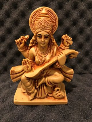 Saraswati Statue Hindu Goddess Indian God Deity India Tan Resin.