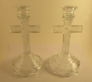 Pair 2 Clear Glass Crucifix Jesus Cross Candle Holders Home Interiors