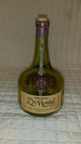 Vintage Armagnac De Montal Green Liquor Bottle With Cork Made In France