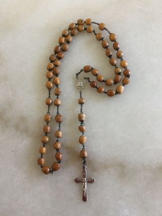 Antique Rosary Wooden Beads Silvertone Hardware