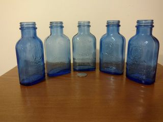 5 Vintage 1930s Milk Of Magnesia Blue Embossed Medicine Bottles Usa Conn 5 "