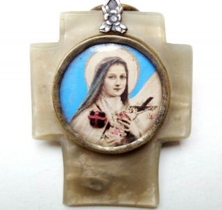 Antique Pearl Cross Pendant Or Frame With Relic To Saint Therese Of Infant Jesus
