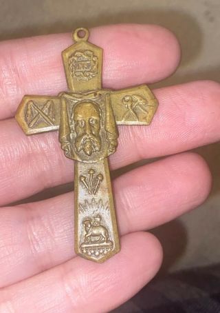 Antique Inri Pendant Medal In Brass W/ Symbols & Jesus Christ Holy Face