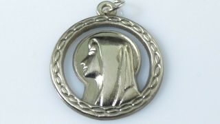 Vintage Miraculous Virgin Mary Pendant Charm Catholic Silver Tone Round Icon