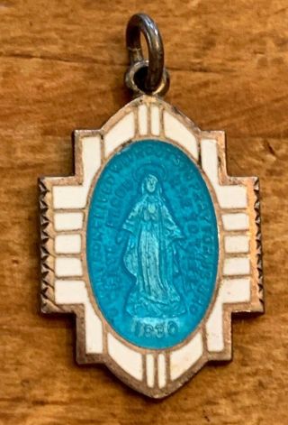 1830 Sterling Silver Blue Enamel Miraculous Holy Medal Virgin Mary Pendant Charm