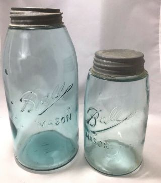2 Vintage Ball Canning Jars Triple L 1/2 Gallon Quart Zinc Lids 1900 - 10 Bubbles