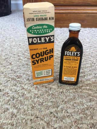 Vintage Foley’s Honey And Tar Cough Syrup Bottle - Nos,  Box,