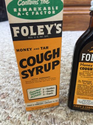 Vintage FOLEY’S HONEY And TAR COUGH SYRUP BOTTLE - NOS,  Box, 3
