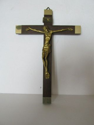 Wall Wood Hanging Crucifix Metal Christ Jesus Inri Plate Brass Tabs Italy