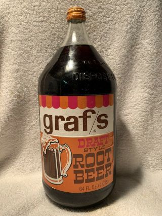 Full 64oz Graf’s Draft Style Root Beer Paper Label No Deposit Soda Bottle