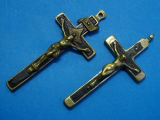 2 Antique French Pectoral Priest Crucifixes // Copper // Wood // 1850